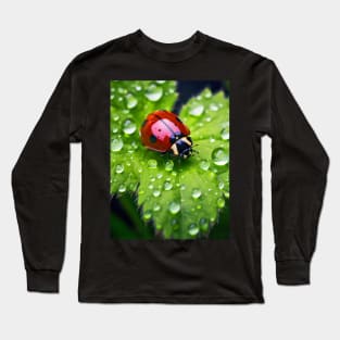 Ladybug on a leaf with morning dew Long Sleeve T-Shirt